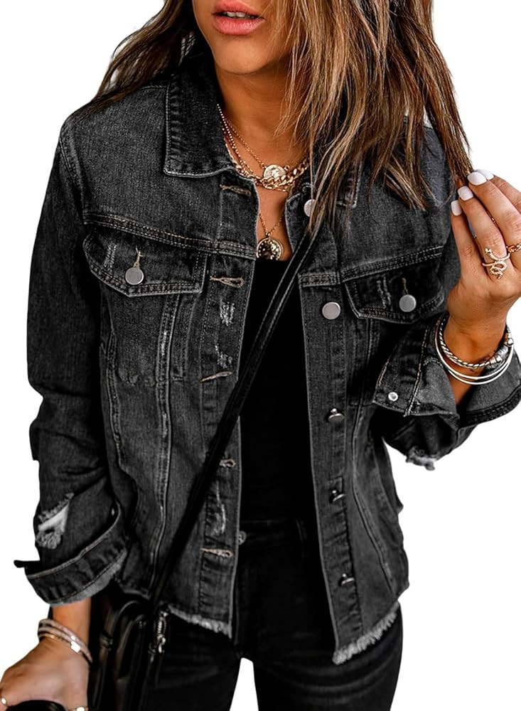 EVALESS Womens Boyfriend Washed Crop Denim Jean Jacket Coat | Amazon (US)