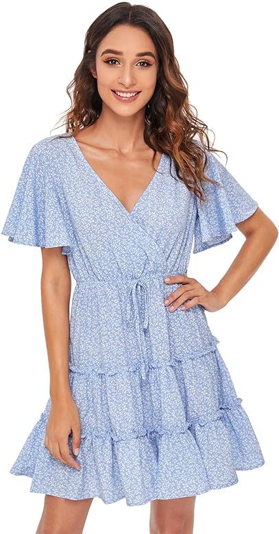 SheIn Women's Short Ruffle Sleeve Dress V Neck Floral Pleated High Waist Loose Mini Dress | Amazon (US)