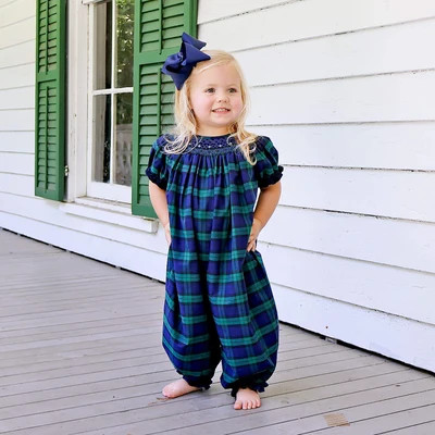 Hamilton Plaid Navy & Green Smocked Long Bubble | Classic Whimsy