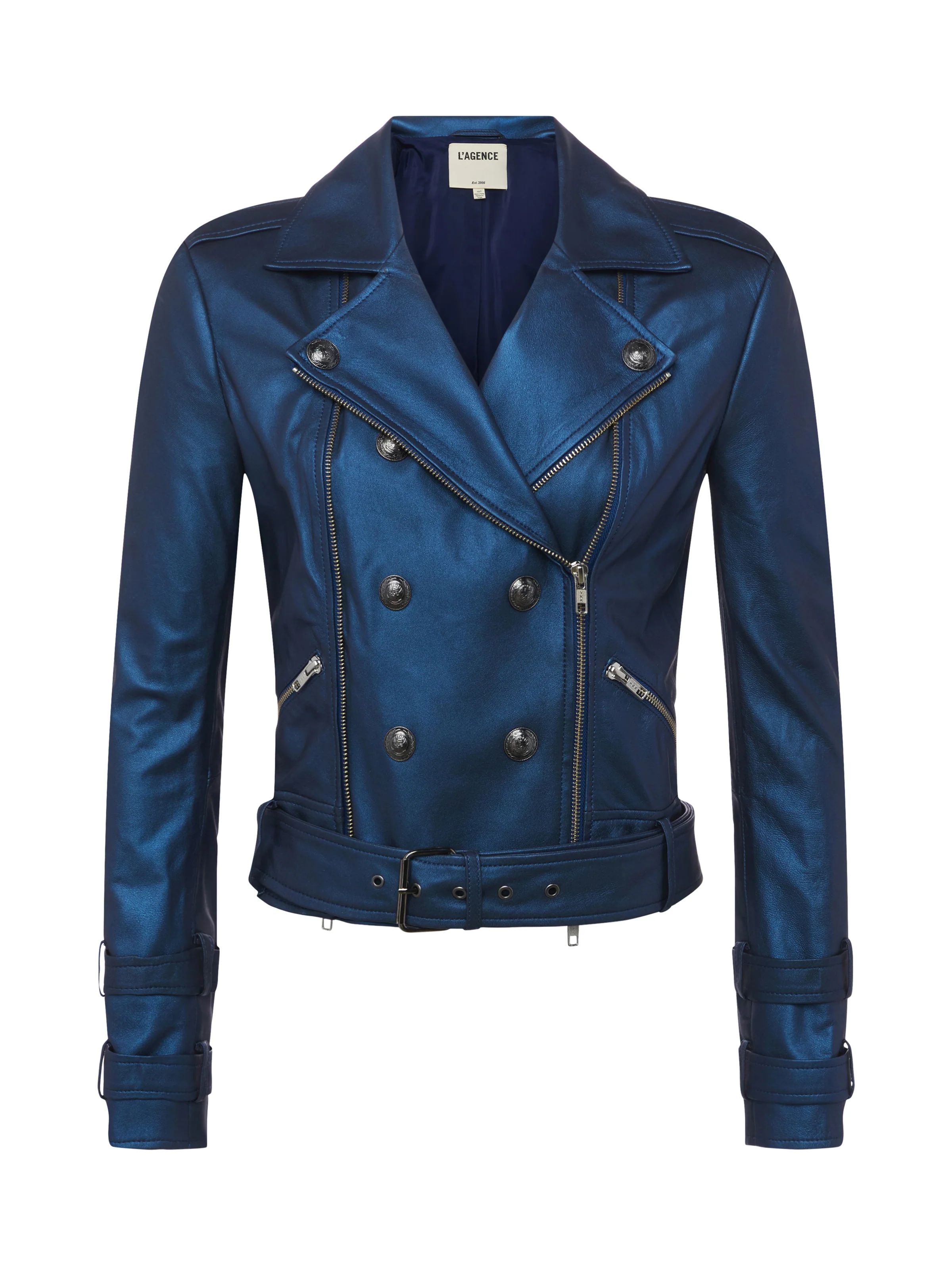 Billie Belted Leather Jacket in Blue Metallic | L'Agence