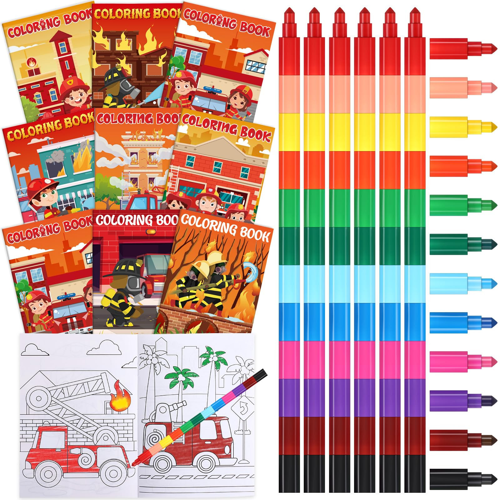 Funrous 48 Pcs Coloring Books with Stackable Crayons Firefighter Summer Circus Party Favors Color... | Amazon (US)