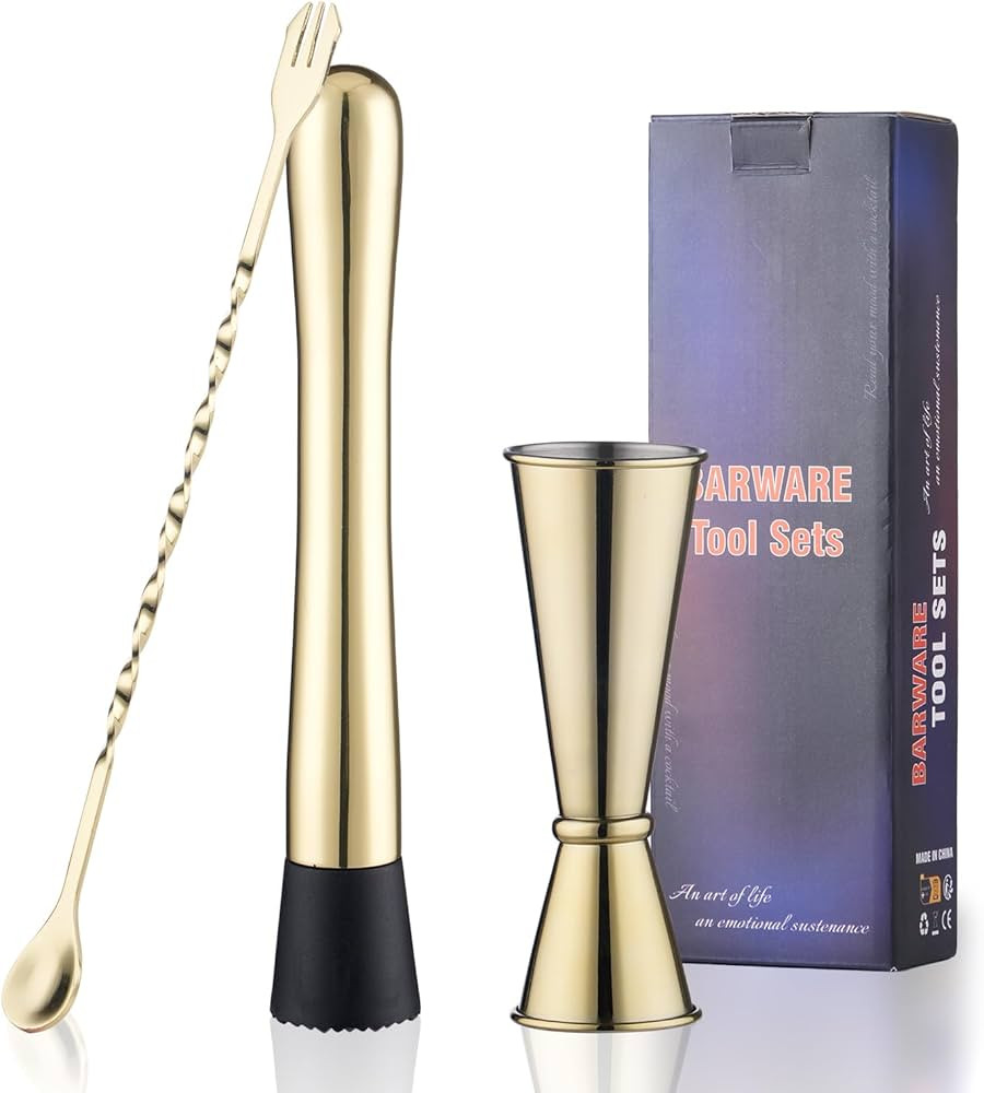 Gold Muddler for Cocktails, 10 Inches Bar Spoon, 1 oz 2 oz Double Jigger- Premium 3 Piece Gold Mi... | Amazon (US)