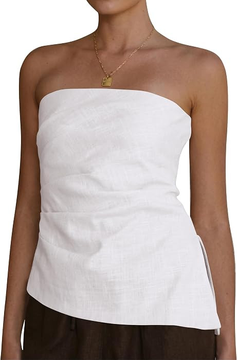 TERIVEEK Strapless Tube Tops for Women Smocked Backless Bandeau Shirts Summer Beach Vacation Asym... | Amazon (US)