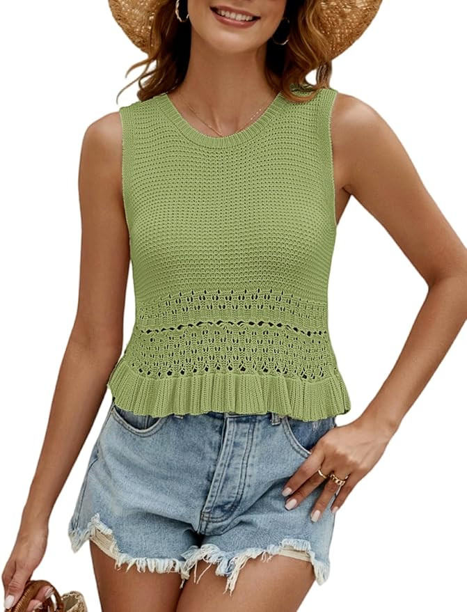 CiCiBird Women Cute Crop Sweaters Vest Knit Sleeveless Pullover Tops Crochet Ruffle Hem Tank | Amazon (US)