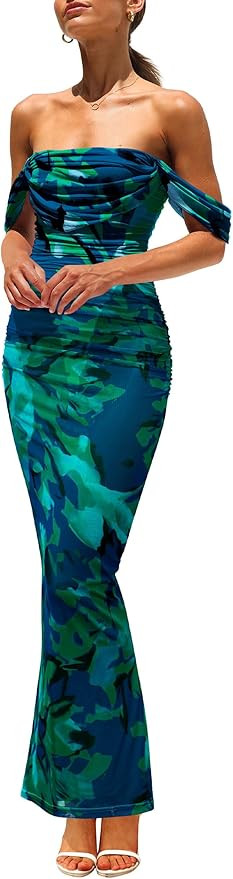 PRETTYGARDEN Women's Floral Maxi Dress 2025 Summer Off Shoulder Mesh Elegant Cocktail Party Ruche... | Amazon (US)