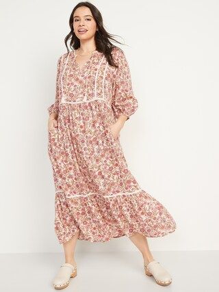 Floral-Print 3/4-Sleeve Tie-Neck Maxi Swing Dress for Women | Old Navy (US)