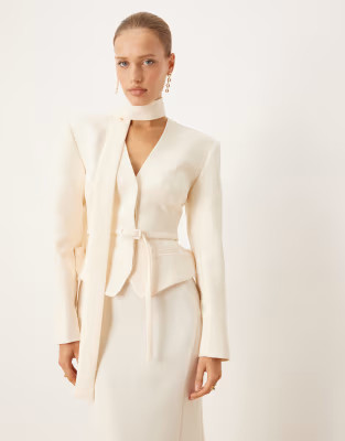 ASOS DESIGN strong shoulder blazer co-ord with neck scarf detail in buttermilk | ASOS | ASOS (Global)