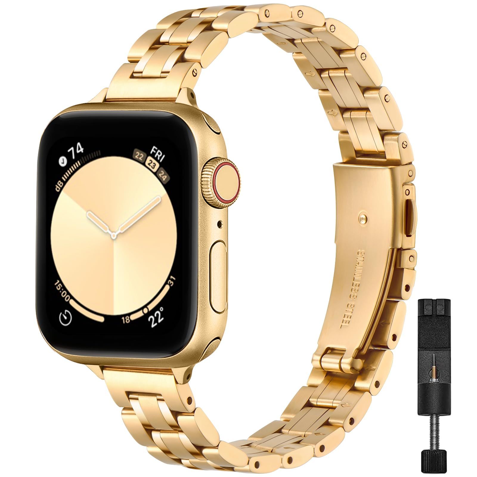 STIROLL Thin Replacement Band Compatible for Apple Watch 38mm 40mm 41mm 42mm 44mm 45mm 49mm, Stainless Steel Metal Wristband Women Men for iWatch Ultra SE Series 9/8/7/6/5/4/3/2/1(Gold,38mm/40mm/41mm) | Amazon (US)