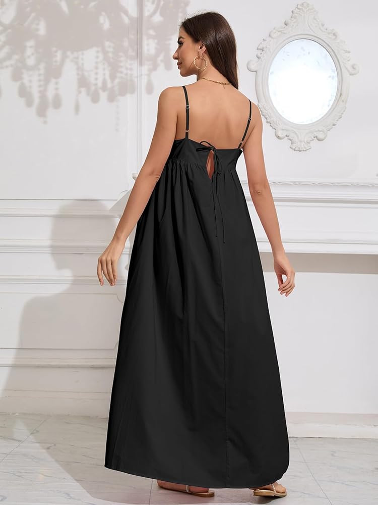 ebossy Women's Summer Backless Tied Spaghetti Straps Casual Loose Cutout Maxi Dress with Pockets | Amazon (US)