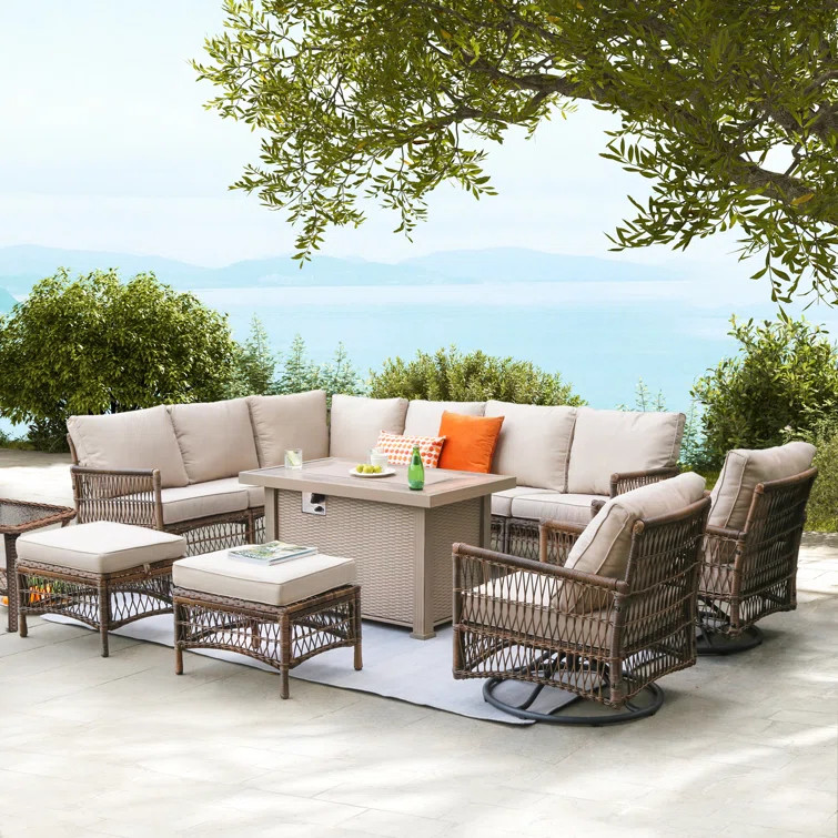 Evart 10-Person Outdoor Wicker Patio Set with Fire Pit Table & Swivel Chairs | Wayfair North America