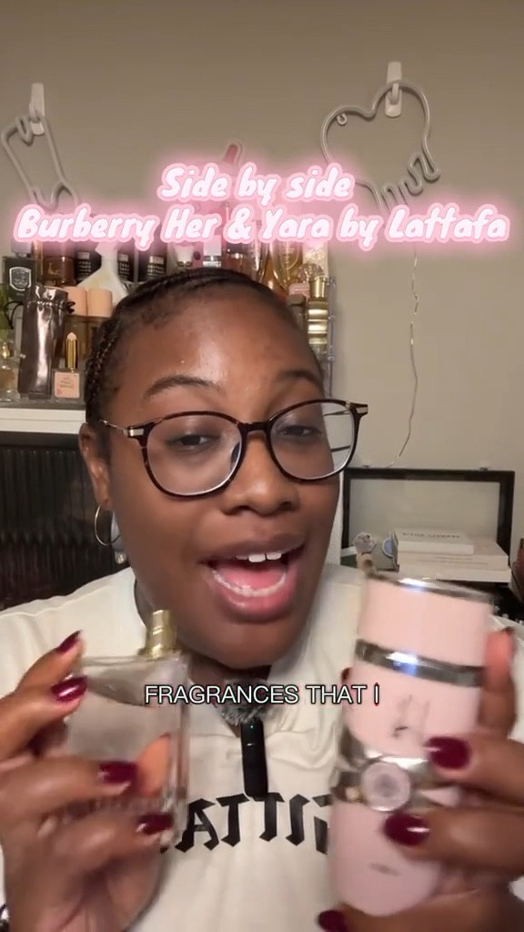 Welcome to a mini series #sidebyside (that may or may turn into more series). 

What’s your favorite between Yara by @lattafa_perfumes and @burberrybeauty Her? 

I put Yara and Her side by side are here are the final thoughts…
I remember early on buying Yara and falling in love but our time together just isn’t the same anymore. I have so many beloved fragrances by Lattafa now in my collection. For starters Angham, Honor and Glory, Liam, and Khamrah Dukham to name a few off the top of my head. 

It just shows me how my nose has changed and I am happy to keep exploring what I love. I do love Burberry Her she’s sweet, youthful, feminine, and iconic. One of the few strawberry scents I can tolerate. I have a love hate relationship with strawberry and banana fragrances. 

I’m learning and my collection is changing and growing. I hope you see this as simple change in taste but I’m grateful for the journey. 

#fragrance #fragrancereview #yara #burberryher