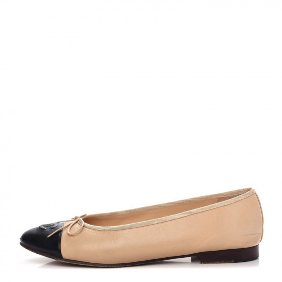 CHANEL Lambskin Cap Toe CC Ballerina Flats 38.5 Beige Black | Fashionphile