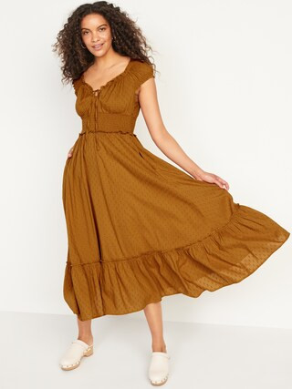 Waist-Defined Puff-Sleeve Clip-Dot Midi Dress for Women | Old Navy (US)