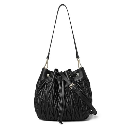 DORIS&JACKY Lambskin Drawstring Bucket Purse For Women Designer Leather Quilted Shoulder Handbags With Two Straps (1-Black) | Amazon (US)