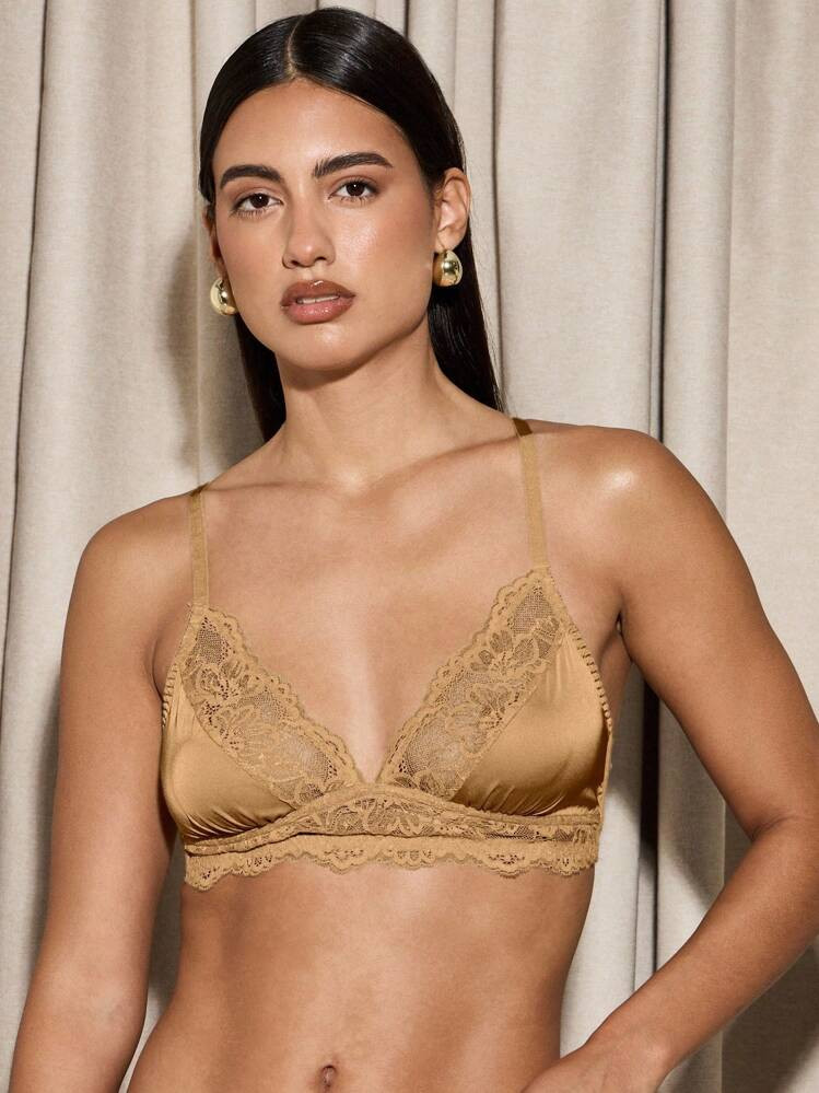 AiiRZ Delicate Floral Lace Bralette Triangle Wireless Bra Satin Trim Deep V Neck Adjustable Straps Lounge Lingerie Everyday Comfort Summer Collection | SHEIN