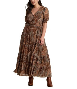 Plus Size Paisley Belted Georgette A-Line Maxi Dress | Dillard's