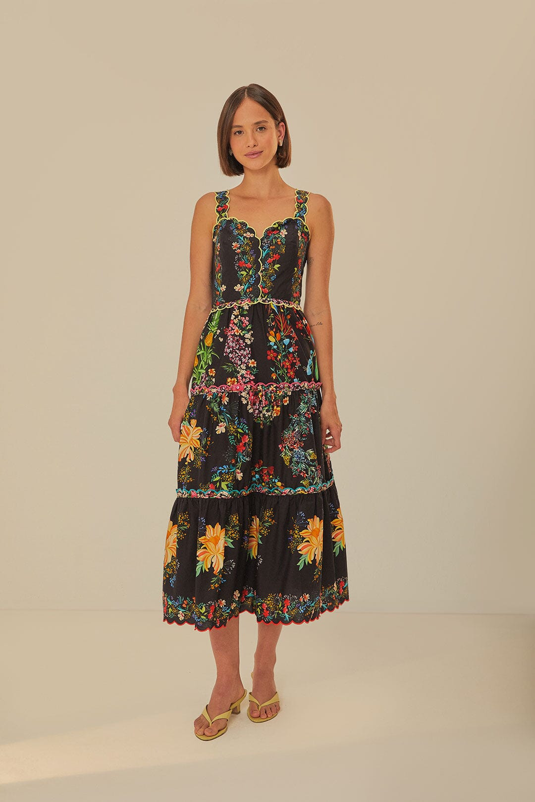 Black Delicate Forest Scarves Organic Cotton Maxi Dress | FarmRio (US)