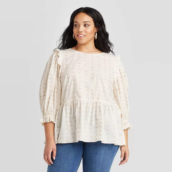 Women's 3/4 Sleeve Embroidered Ruffle Top - Universal Thread™ (Regular & Plus) | Target