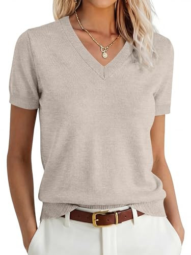 ANRABESS Women’s 100% Wool Sweater，Office Work V Neck Short Sleeve Sweaters ，Soft & Lightweight， Business Casual Tops Apricot X-Large | Amazon (US)