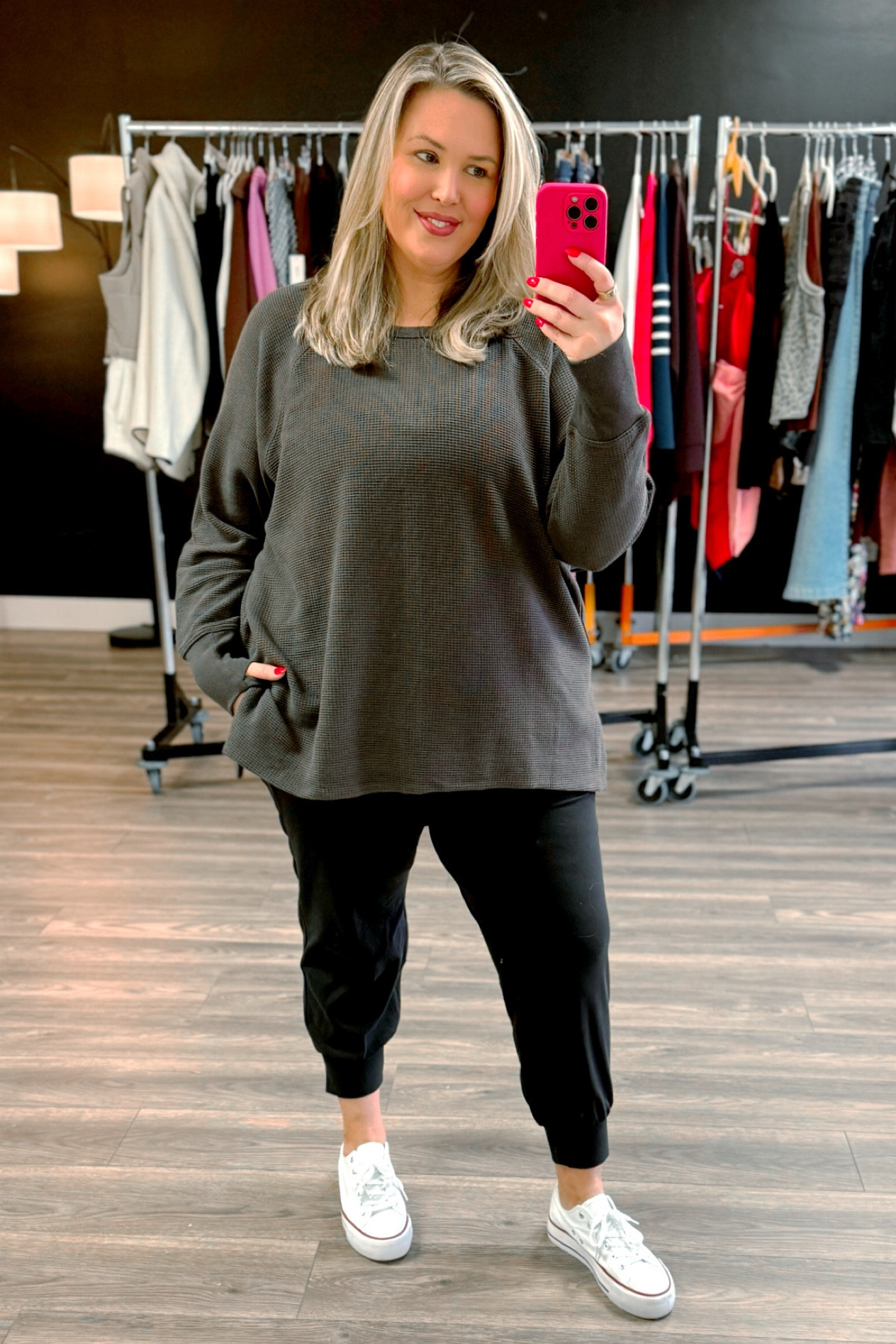 This waffle knit top is luxe quality and fits incredibly well! I wear the 2X, get your regular size! SALE ALERT! The joggers are also amazing and run true, I’m in 2X. 

#LTKActive #LTKSaleAlert #LTKPlusSize