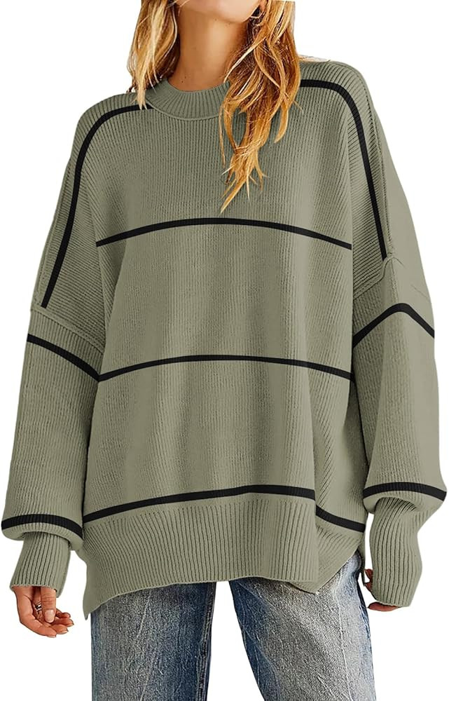 Women's Oversized Crewneck Sweaters Batwing Long Sleeve Side Slit Ribbed Knit Pullover Sweater To... | Amazon (US)