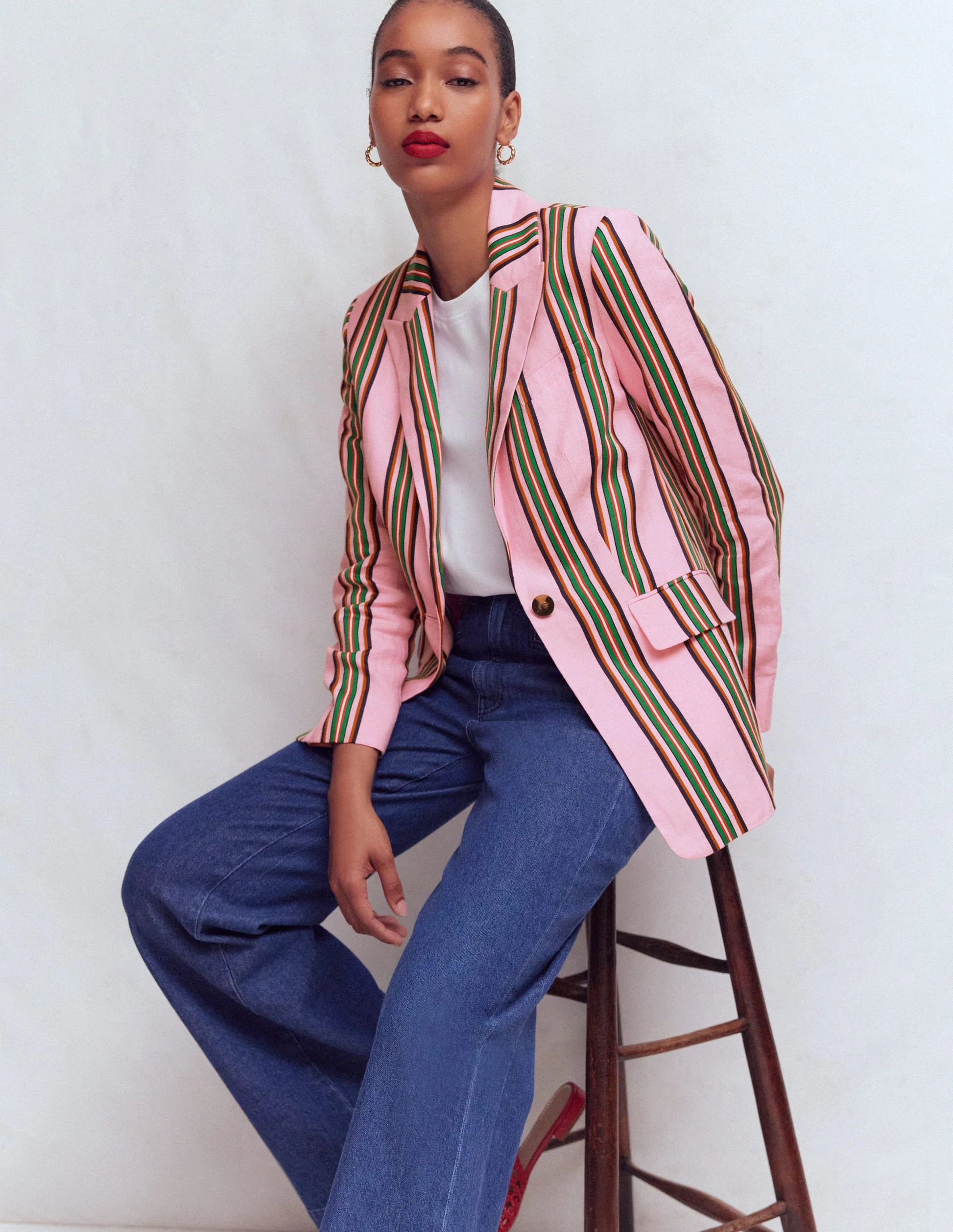 Woodbridge Linen Blazer-Pink, Rich Emerald Stripe | Boden (US)