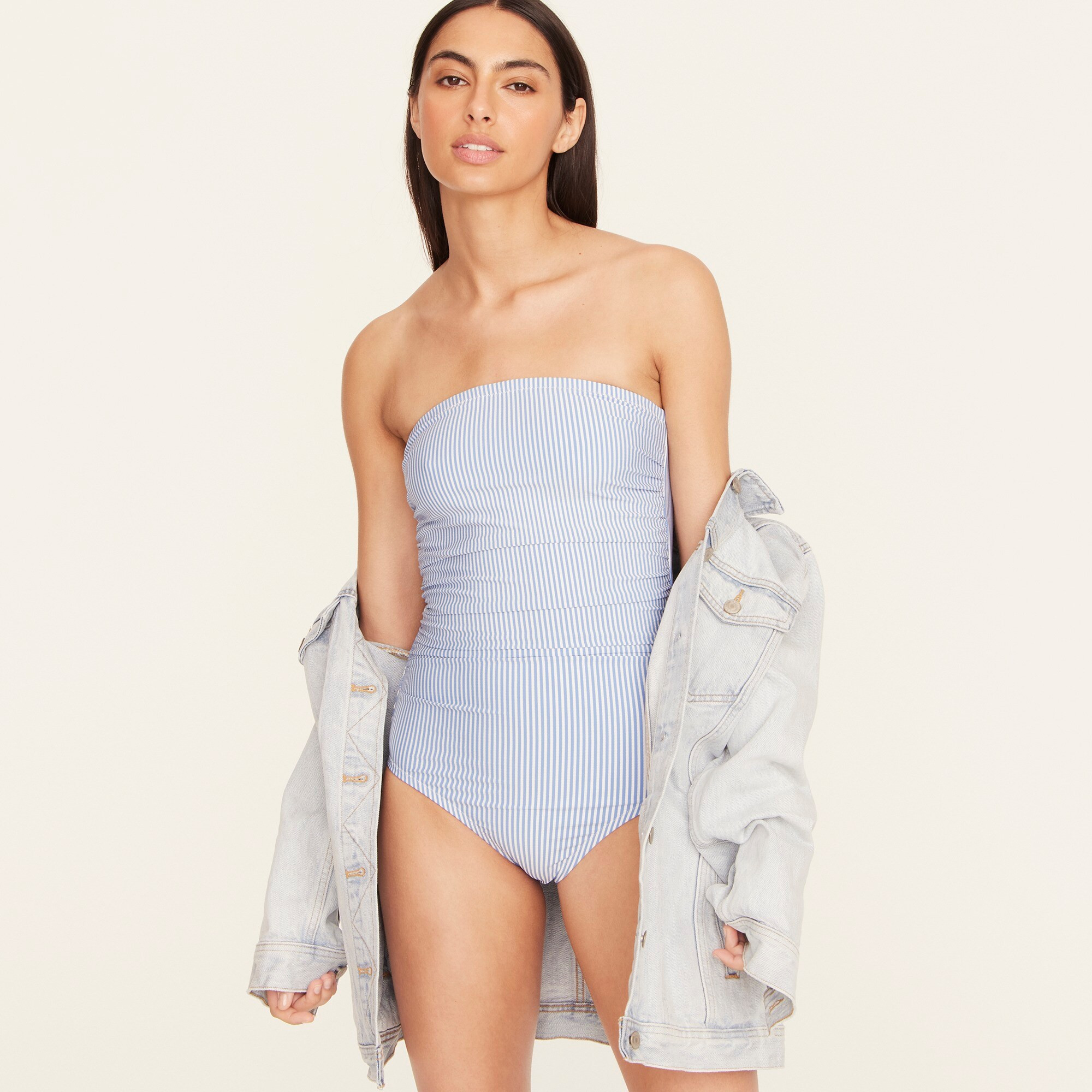 Ruched bandeau one-piece in seersucker | J. Crew US