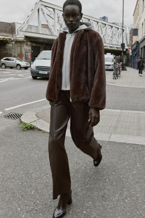 CONTRAST BOMBER JACKET WITH FAUX FUR HOODIE | Zara UK