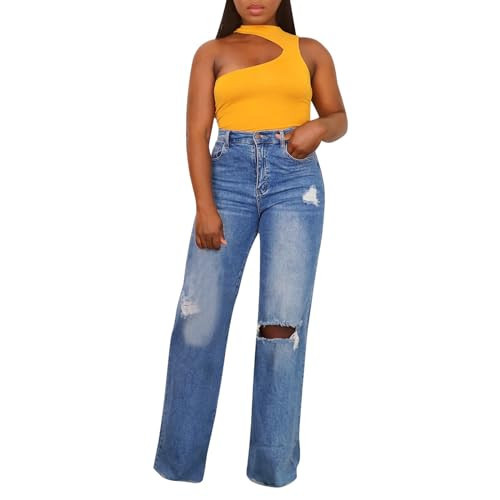 Wide Leg Jeans for Women Ripped Straight Leg Jeans High Waist Denim Pants Loose Fit Casual Pants(Dark BlueXX-Large) | Amazon (US)