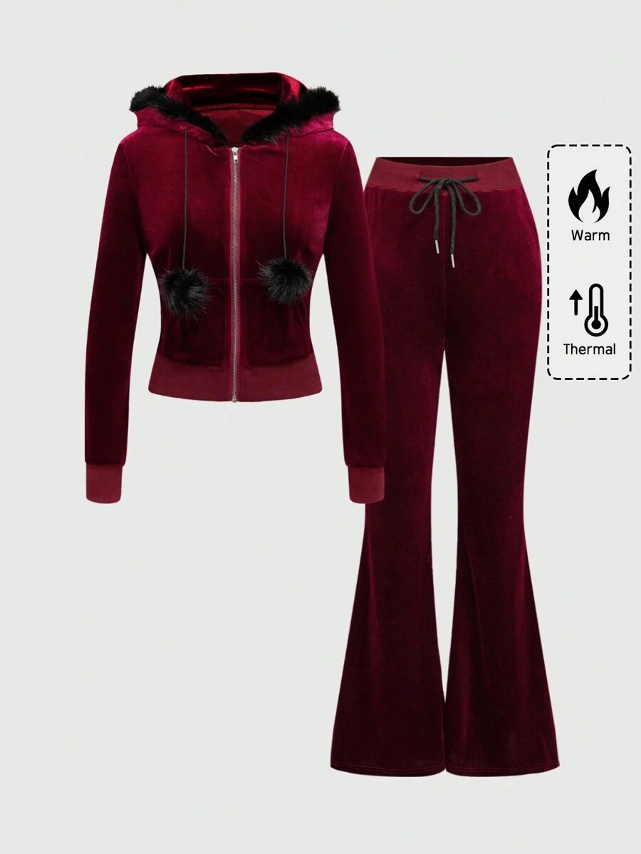 ROMWE Ladies Red Velvet Patchwork Hooded Fur Collar Two-Piece Set, Suitable For Valentine's Day | SHEIN