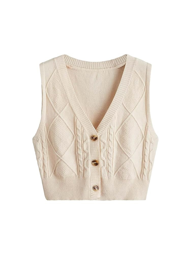 Verdusa Women's Button Up Sleeveless Sweater Vest Cable Knit Crop Top Outerwear | Amazon (US)