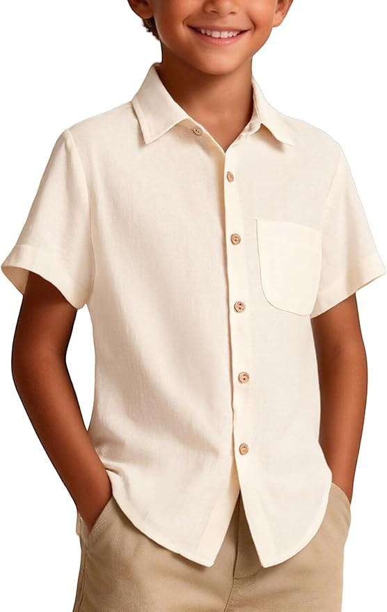 Boys Button Down Shirts Casual Short Sleeve Linen Cotton Shirt for Kids 5-14 Years | Amazon (US)