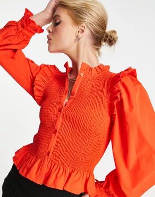 Only shirred puff sleeve peplum blouse in bright orange | ASOS (Global)