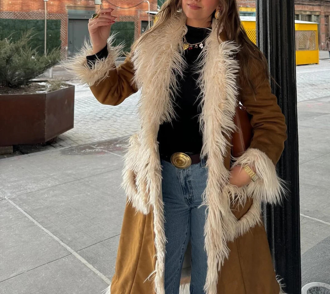 Vintage 70s Penny Lane Shearling Fur Coat Women Long Boho Hippie Suede Trench Afghan Sheepskin Br... | Etsy (US)