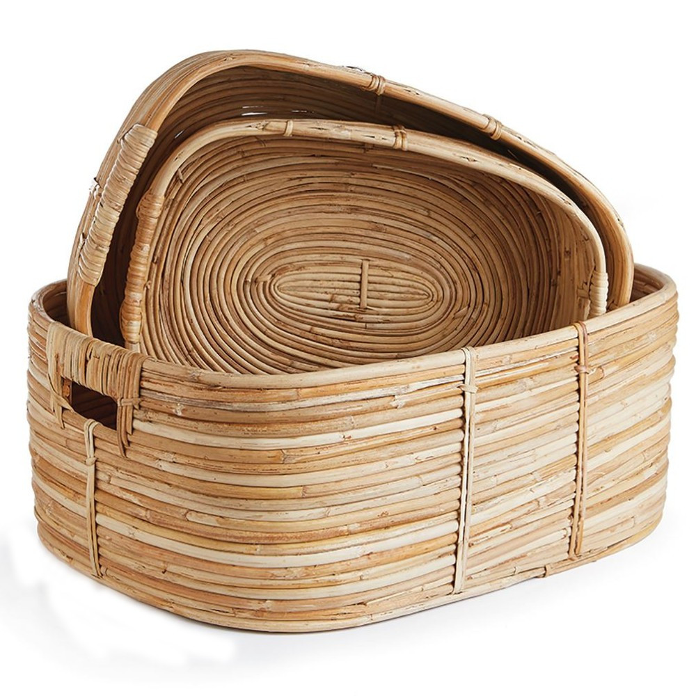 Calle Coastal Beach Brown Woven Rattan Rectangular Baskets - Set of 3 | Kathy Kuo Home