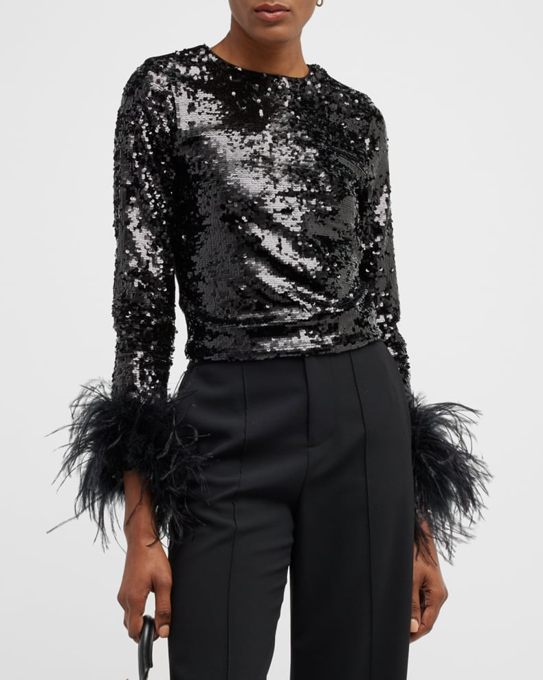 Alice + Olivia Delaina Sequined Top With Feather Cuffs | Neiman Marcus