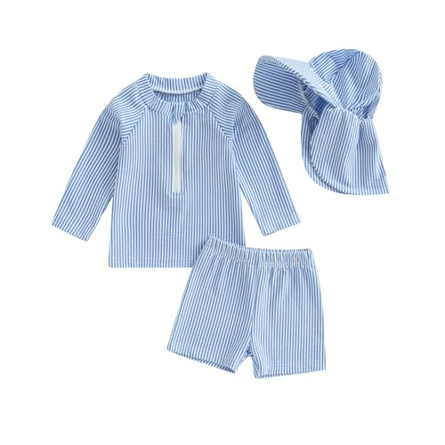 Toddler Baby Boys Seersucker Long Sleeve Swimsuit Trunks Bathing Suit Swimwear with Hat 3Pcs Rash... | Amazon (US)