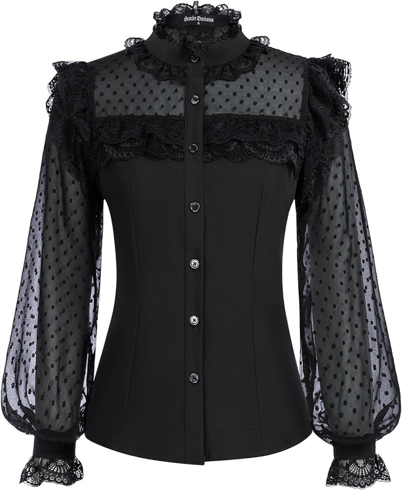 Scarlet Darkness Women's Victorian Lace Tops Polka Dot Button Down Long Sleeve Shirt | Amazon (US)