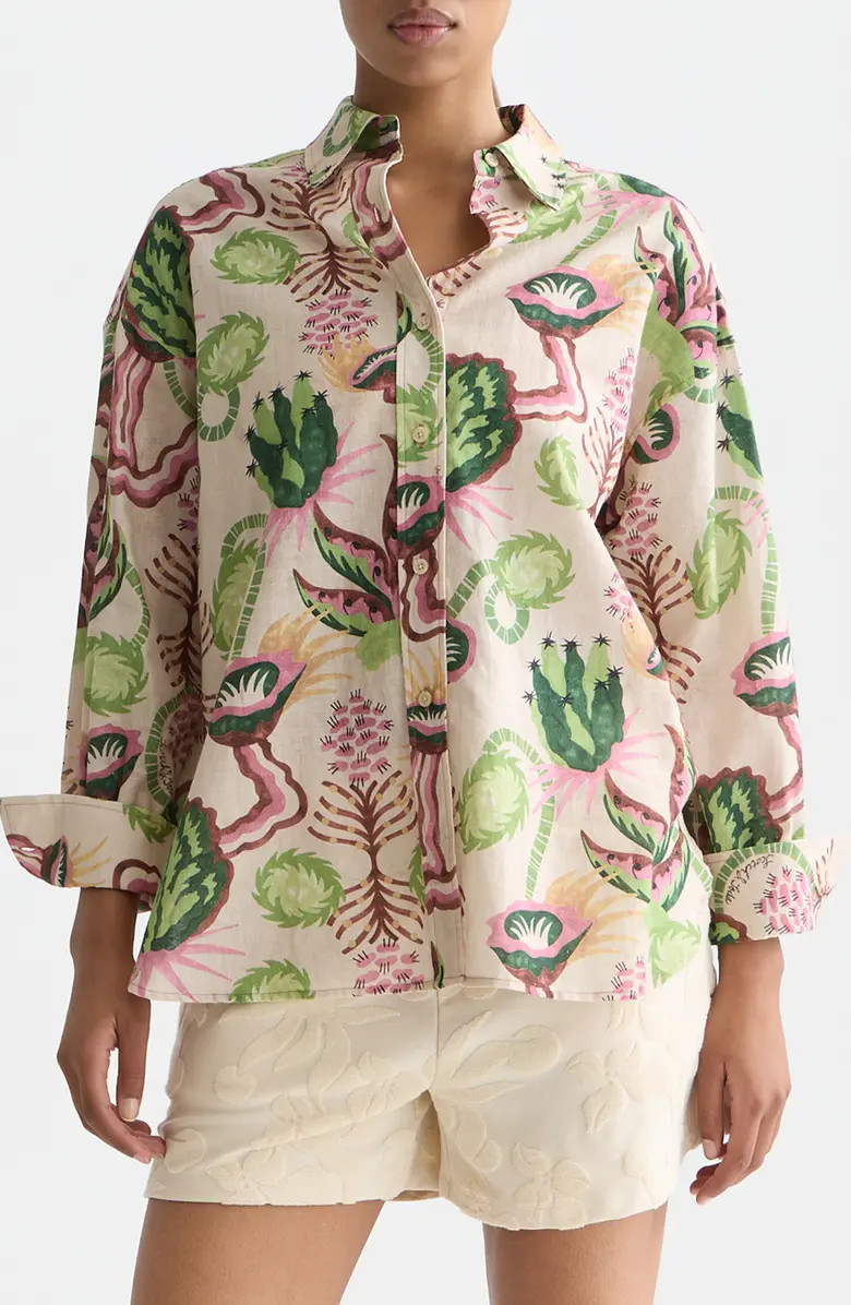 Print Linen & Cotton Button-Up Shirt | Nordstrom