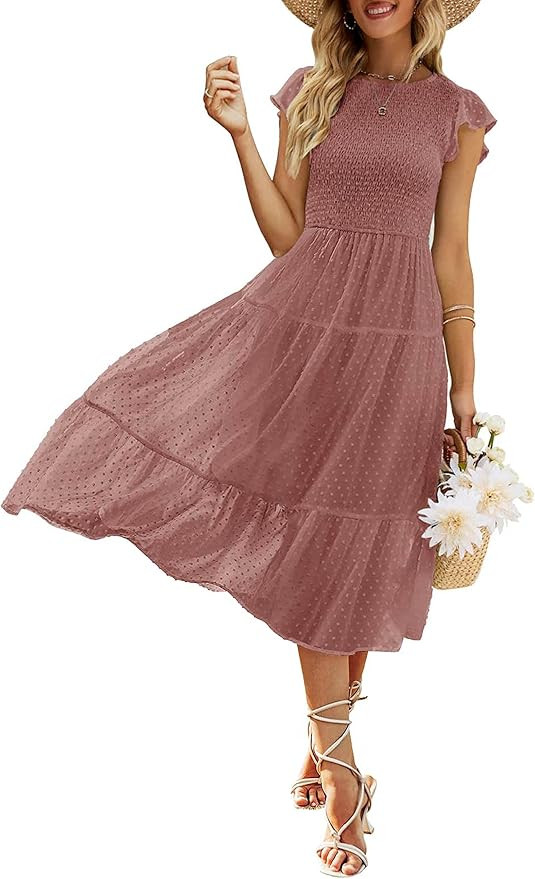 MEROKEETY Women's Summer Flutter Short Sleeve Smocked Midi Dress Swiss Dot Flowy Tiered Dresses | Amazon (US)