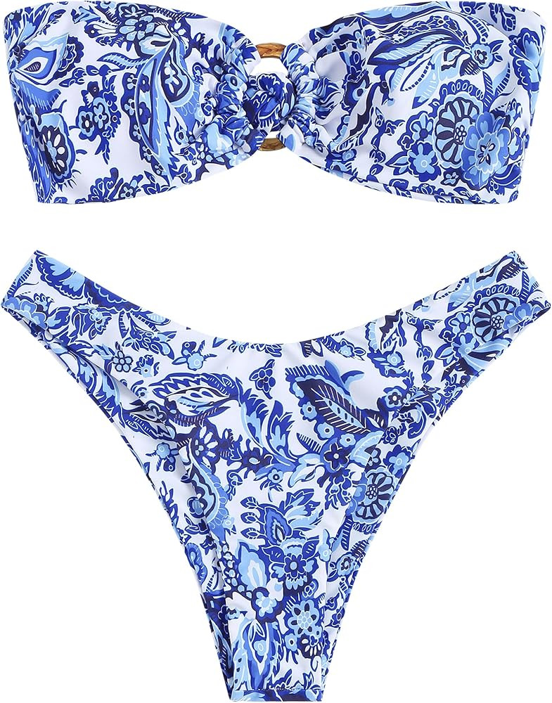 ZAFUL Women's Bandeau Bikini O Ring Strapless Tie Back High Cut Two Piece Swimsuit Bathing Suits | Amazon (US)