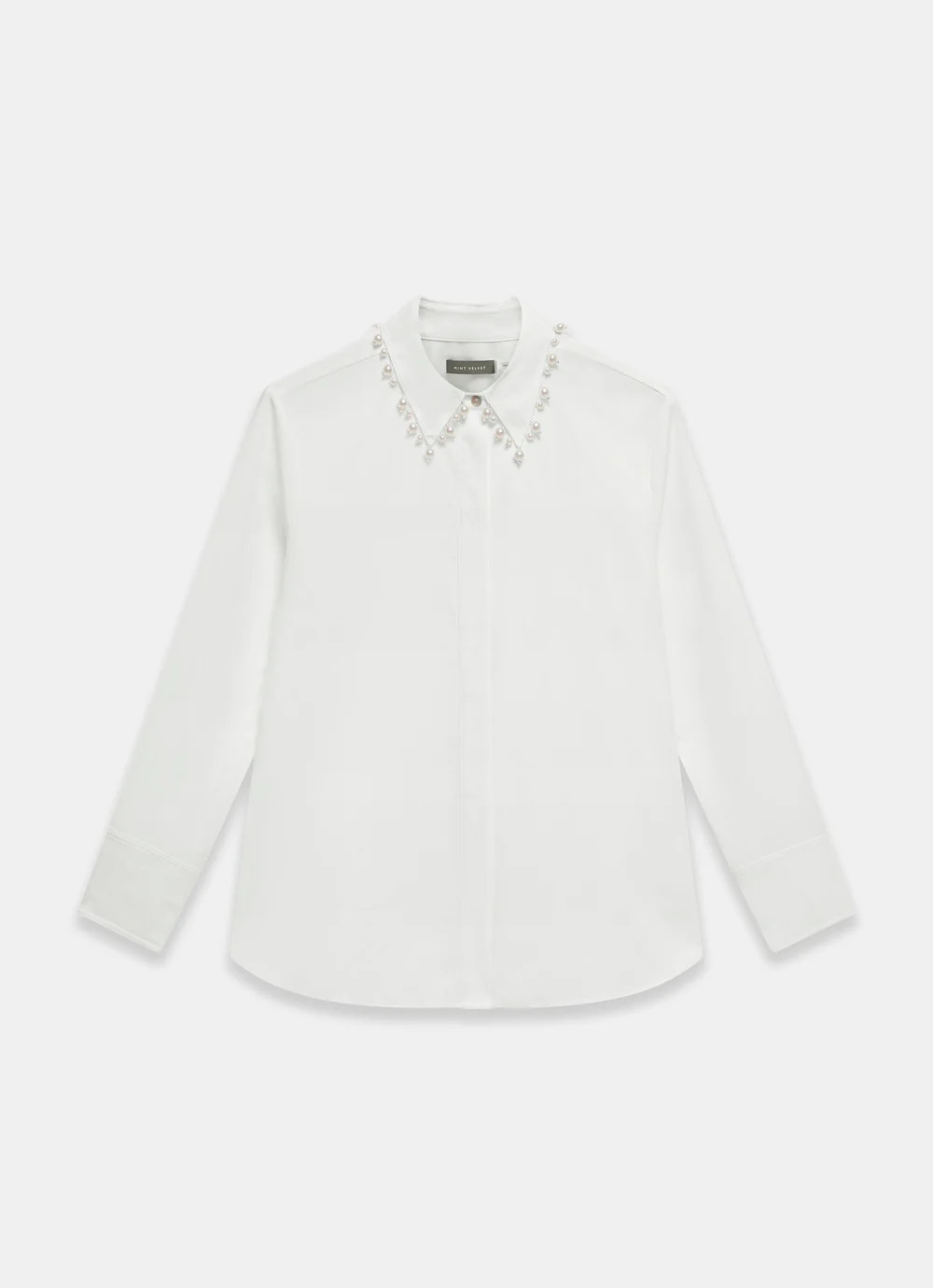 White Cotton Blend Pearl Collar Shirt | Mint Velvet