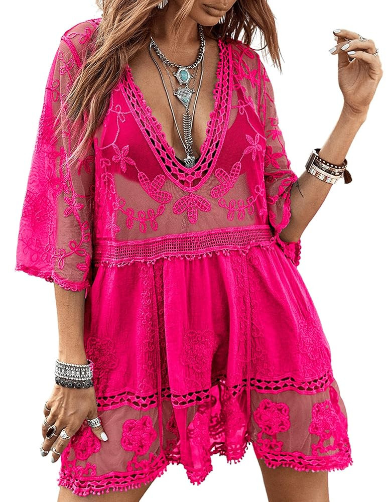 Eomenie Women's Contrast Lace Bathing Suit Cover Up V-Neck Swimsuit Coverups Loose Swimwear Beach... | Amazon (US)