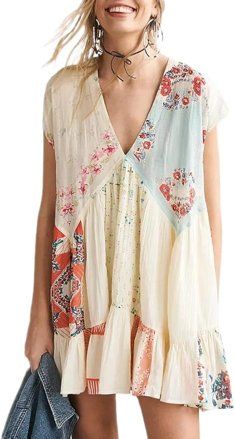 Women Y2k Floral Ruffle Mini Dress Boho V Neck Puff Sleeve Short Dress Flowy Patchwork Babydoll D... | Amazon (US)