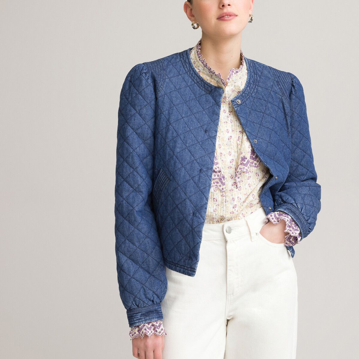 Quilted Denim Cropped Jacket with Recycled Padding and Puff Sleeves | La Redoute (UK)