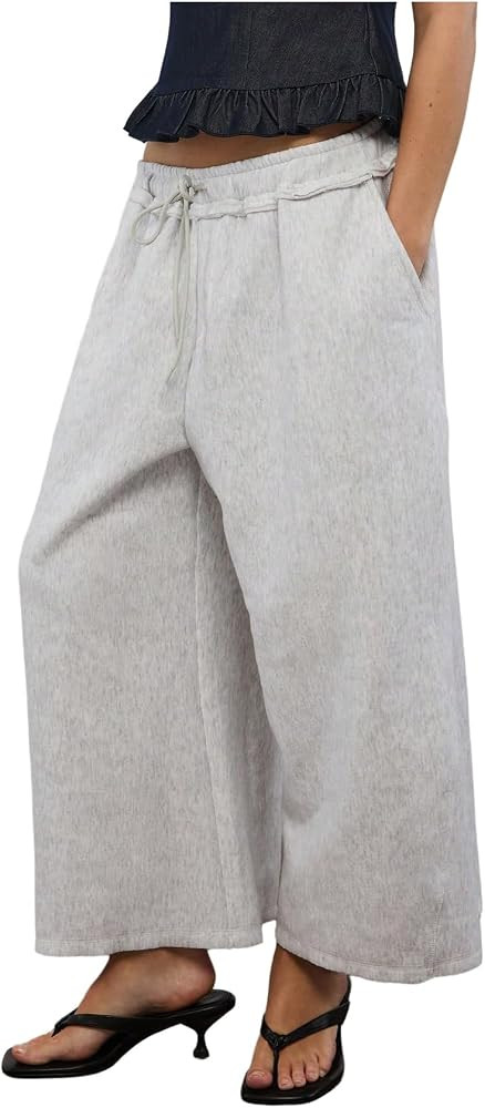 SweatyRocks Women's Wide Leg Palazzo Capri Pants Low Waist Y2K Casual Lounge Trousers with Pocket... | Amazon (US)