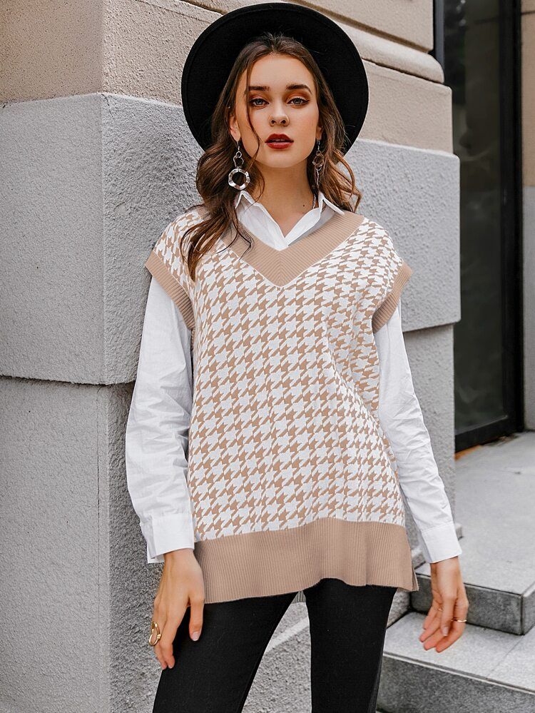 Simplee Split Hem Houndstooth Sweater Vest | SHEIN