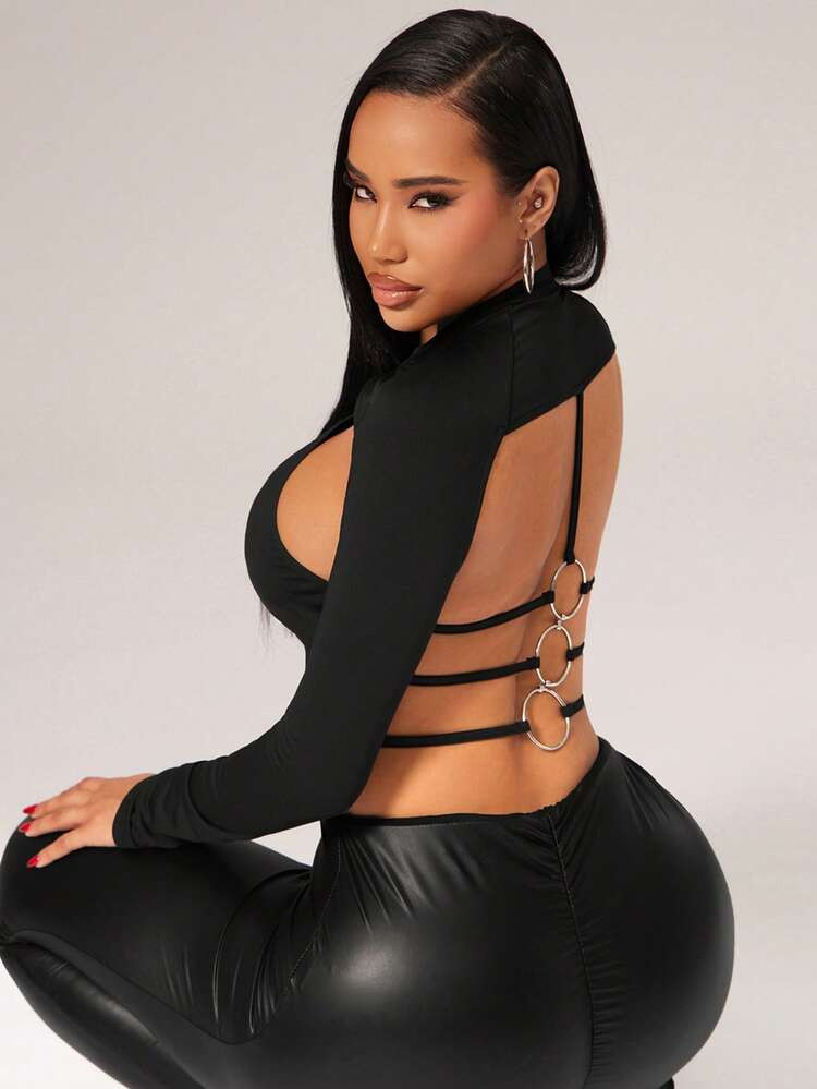 Radiana Women's Sexy Casual Black Mock Neck Backless Long Sleeve Fitted T-Shirt, Sexy Hollow Out Backless Top, Fashionable Avant-Garde Street Style Top, Y2K Top, Black Cropped Top | SHEIN