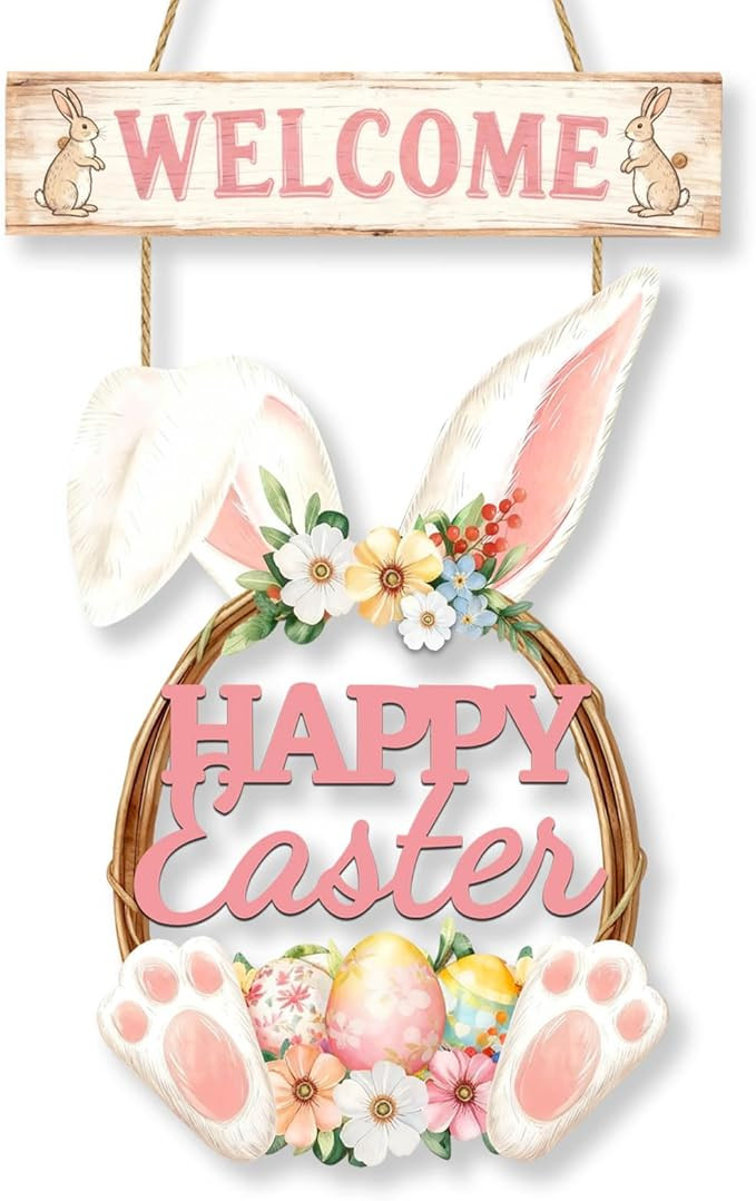 Easter Decoration Wooden Wreath for Front Door Decor Happy Easter Sign Rabbit Spring Decoration, ... | Amazon (US)
