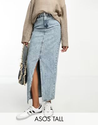 ASOS DESIGN Tall denim midi skirt with split hem in midwash | ASOS (Global)